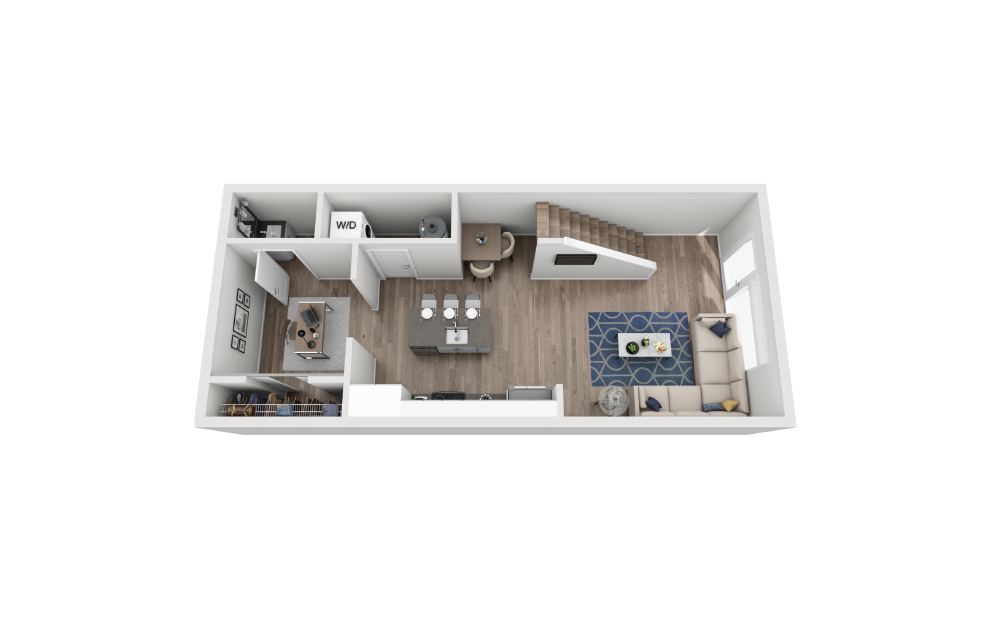 TH3 - 1 bedroom floorplan layout with 1.5 bathroom and 888 square feet (Floor 1)