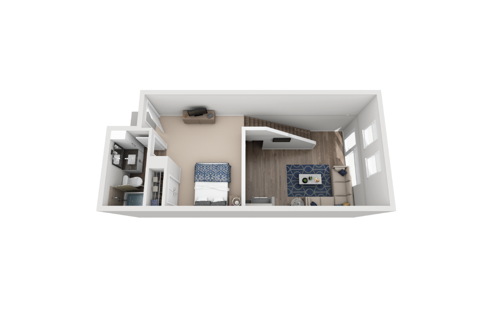 TH3 - 1 bedroom floorplan layout with 1.5 bathroom and 888 square feet (Floor 2)