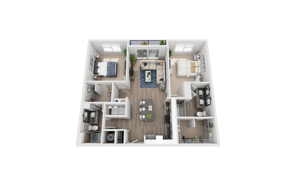 B1 - 2 bedroom floorplan layout with 2 bathrooms and 1142 square feet