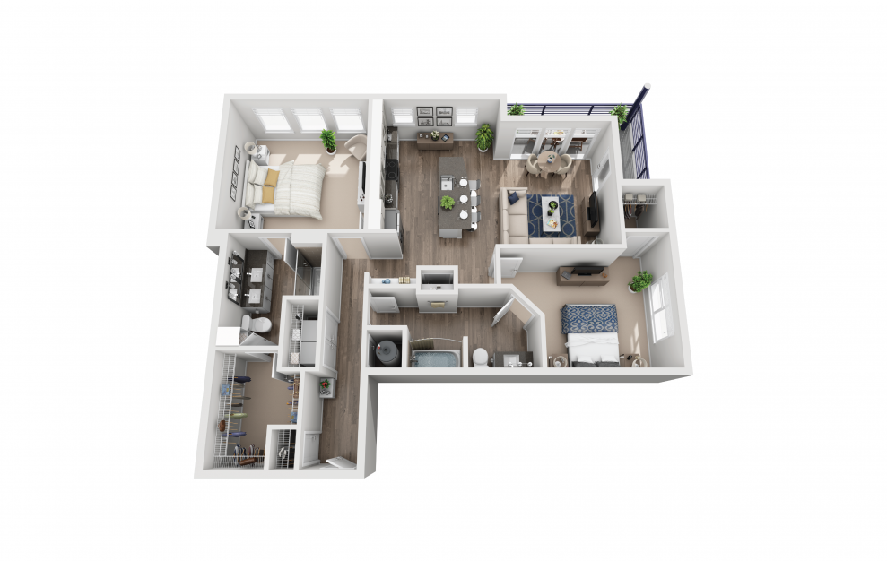 B3 - 2 bedroom floorplan layout with 2 baths and 1217 square feet.