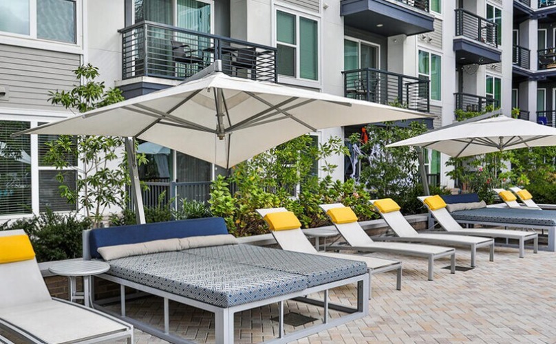 Poolside seating with ample shade